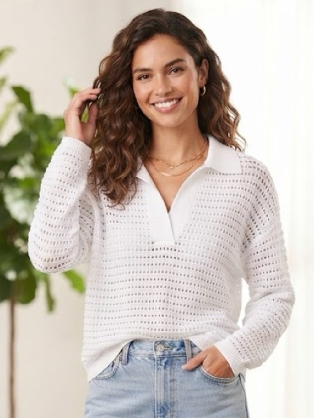Haven Well Within White Open Knit Pullover Collared Sweater